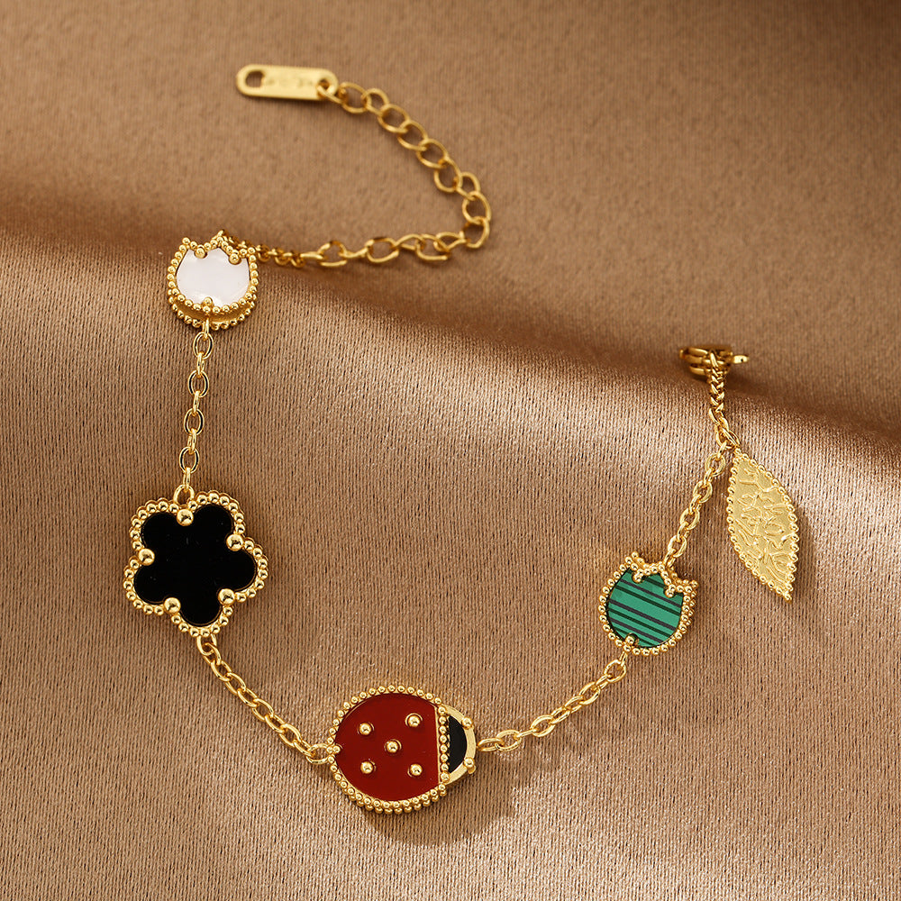 Cherry Blossom Stainless Steel Ladybug Double sided Fritillaria Bracelet