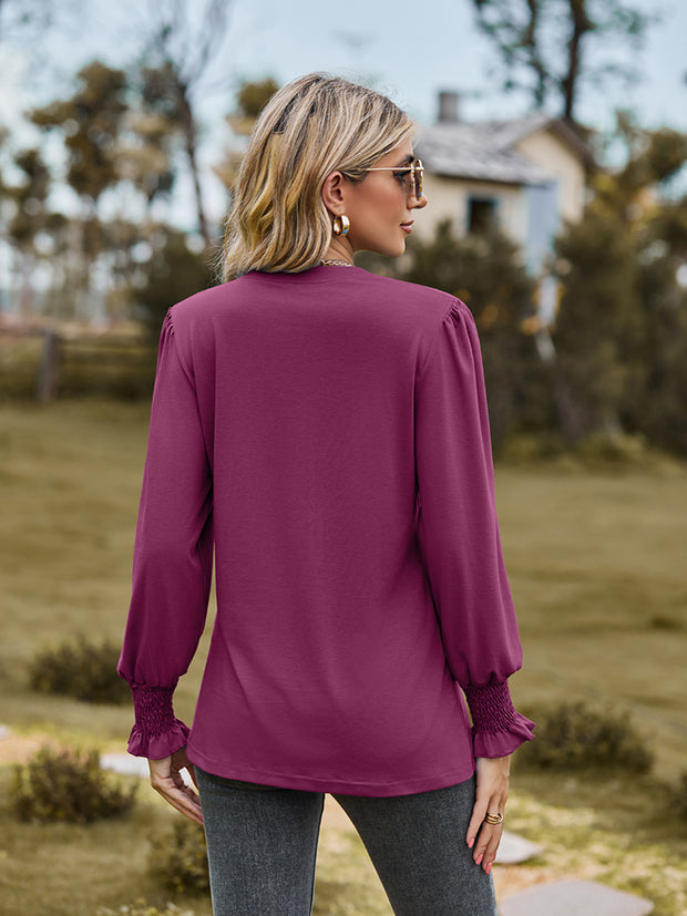 Notched Neck Flounce Sleeve Blouse