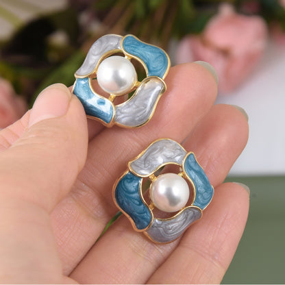 Vintage Blue Drip Oil Enamel Pearl Stud Earring