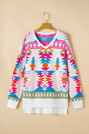 Geometric V-Neck Long Sleeve Sweater