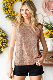 Sequin Round Neck Capped Sleeve Tank