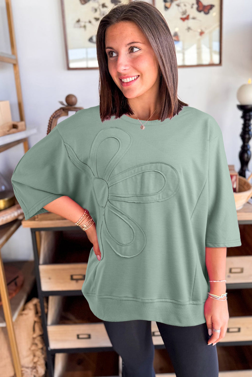 Beau Blue Floral Patched Half Sleeve Tunic Top