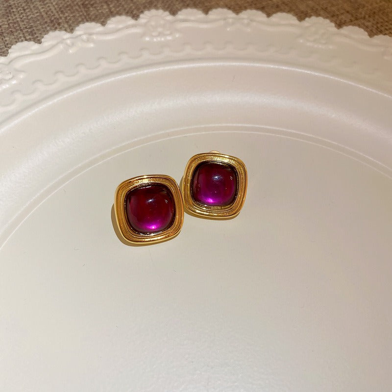 Retro Rose Red Square Dangle Earrings