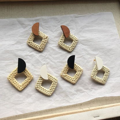 Retro Exaggerated Geometric Rattan Woven Earrings