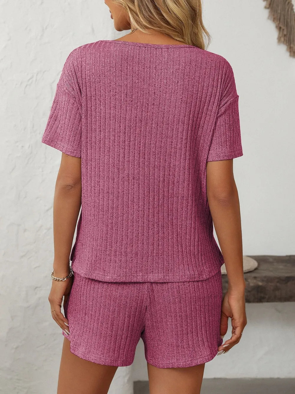 Solid Color Ribbed Short Sleeve Sleepwear Set