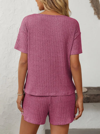 Solid Color Ribbed Short Sleeve Sleepwear Set