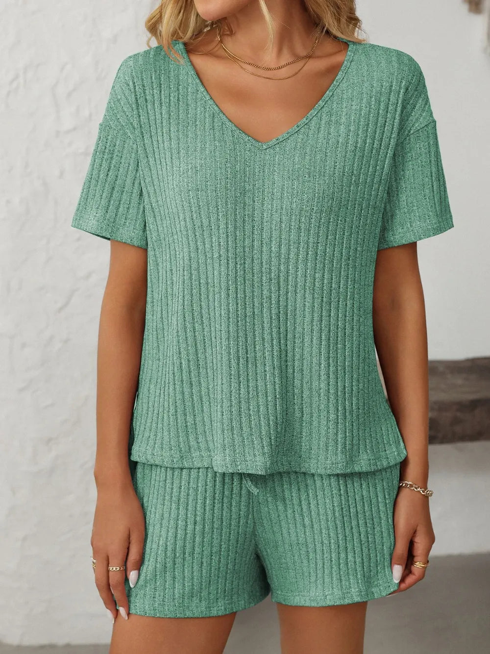 Solid Color Ribbed Short Sleeve Sleepwear Set