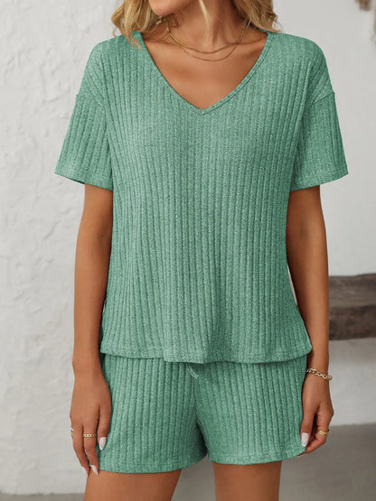 Solid Color Ribbed Short Sleeve Sleepwear Set