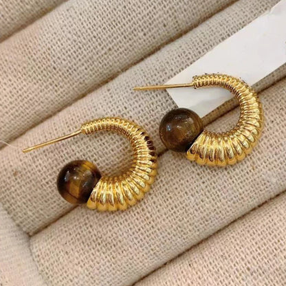 Silver Needle Geometric Texture Brown Stone Earrings For Women Girl Gift Trend New Popular Accessories
