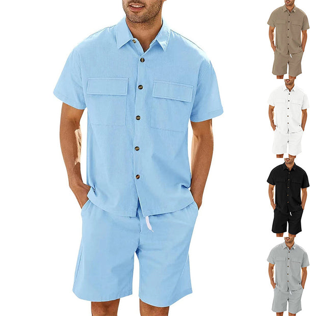 Men Short Sleeve Lapel Whit Pockets Set