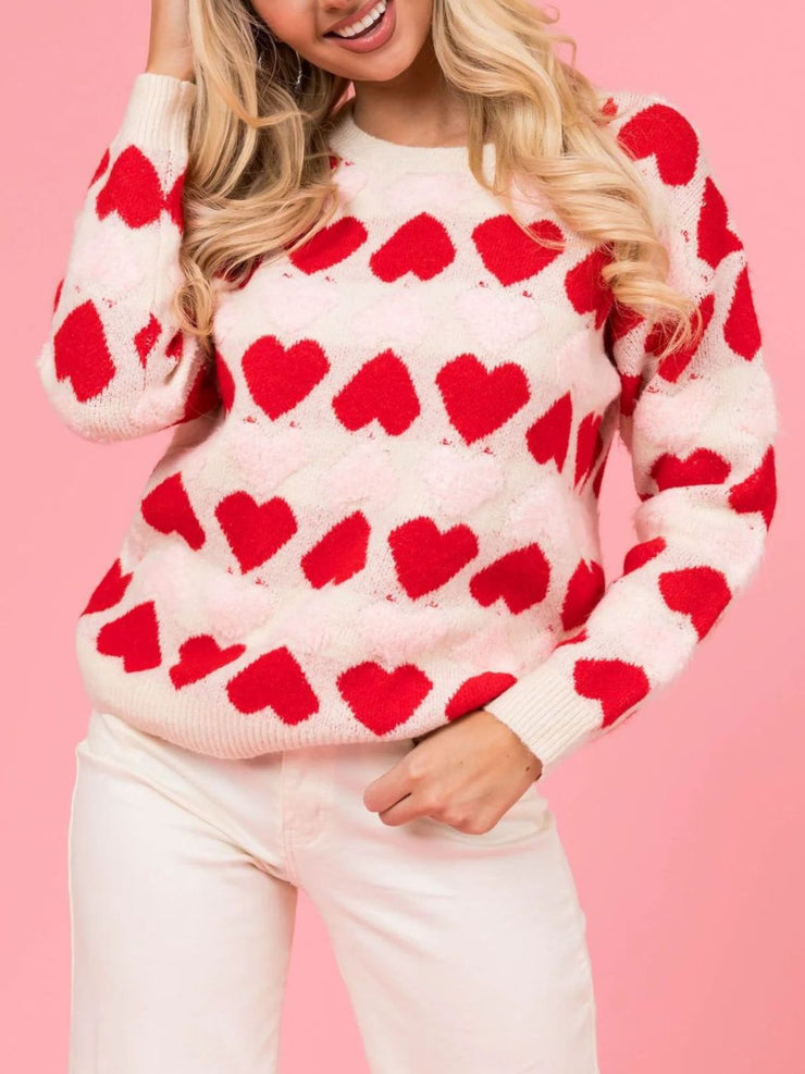 Valentine’s Day Fuzzy Heart Round Neck Long Sleeve Sweater