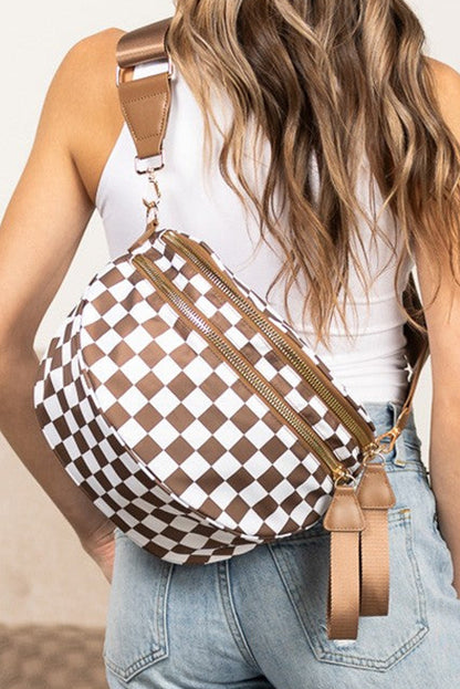 Color black Checkered Print Wide Strap Large Crossbody Bag