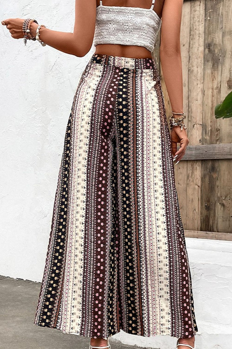 Shiny Floral High Waist Wide Leg Pants