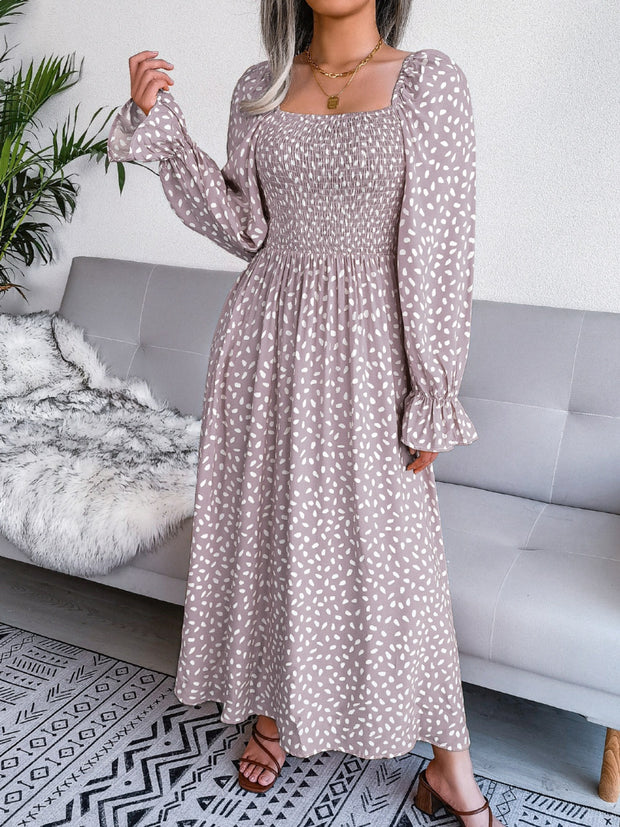 Smocked Square Neck Flounce Sleeve Dress