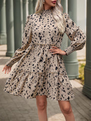 Perfee Frill Printed Mock Neck Long Sleeve Mini Dress