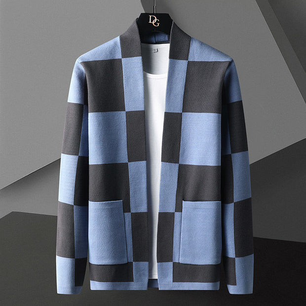 Trendy Plaid Hit Color Men Autumn Knit Cardigon