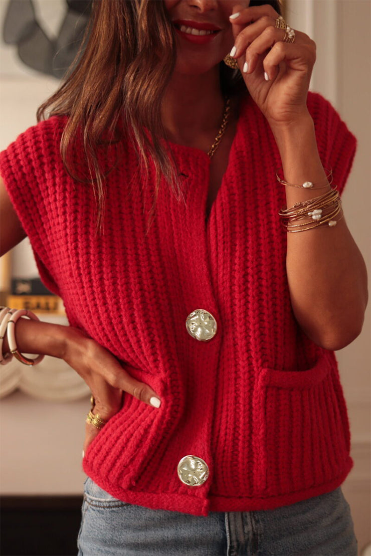 Fiery Red Solid Textured Knit Side Pockets Buttoned Sweater Vest