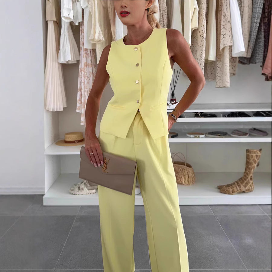 Solid color button pocket front buckle office summer vest suit pants set