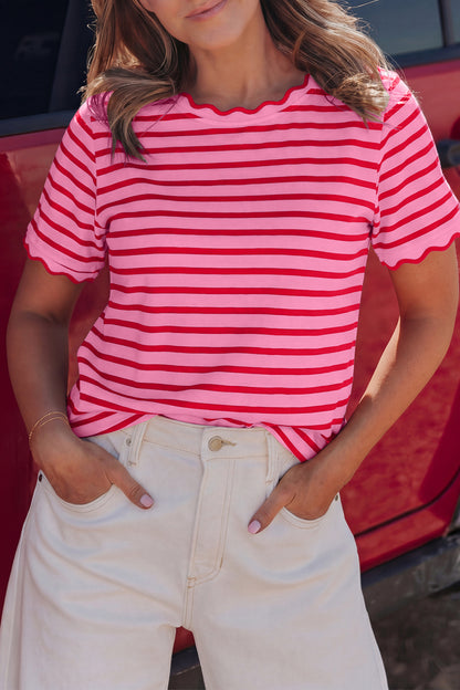 Black Stripe Scalloped Trim Round Neck T Shirt