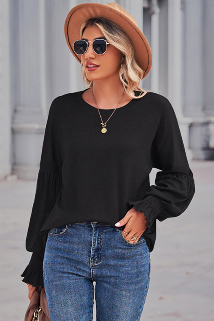 Round Neck Flounce Sleeve Blouse