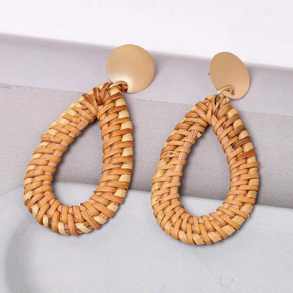 Handmade Wooden Rattan Woven Drop-Shaped Earrings