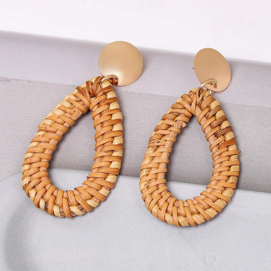 Handmade Wooden Rattan Woven Drop-Shaped Earrings