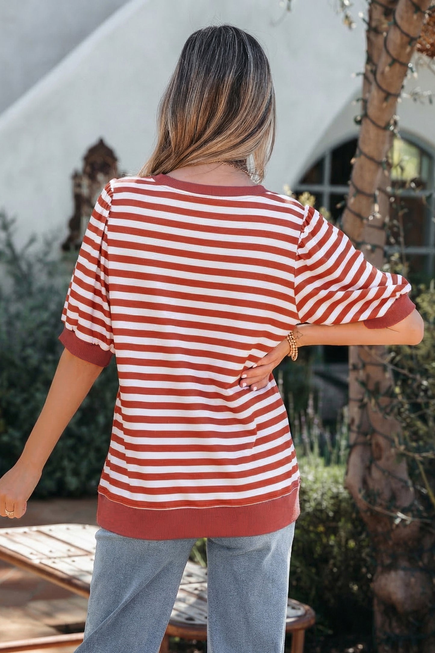 Sky Blue Stripe Short Bubble Sleeve T Shirt