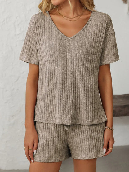 Solid Color Ribbed Short Sleeve Sleepwear Set
