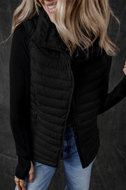 Black Plush Collared Quilted Zipped Puffer Vest