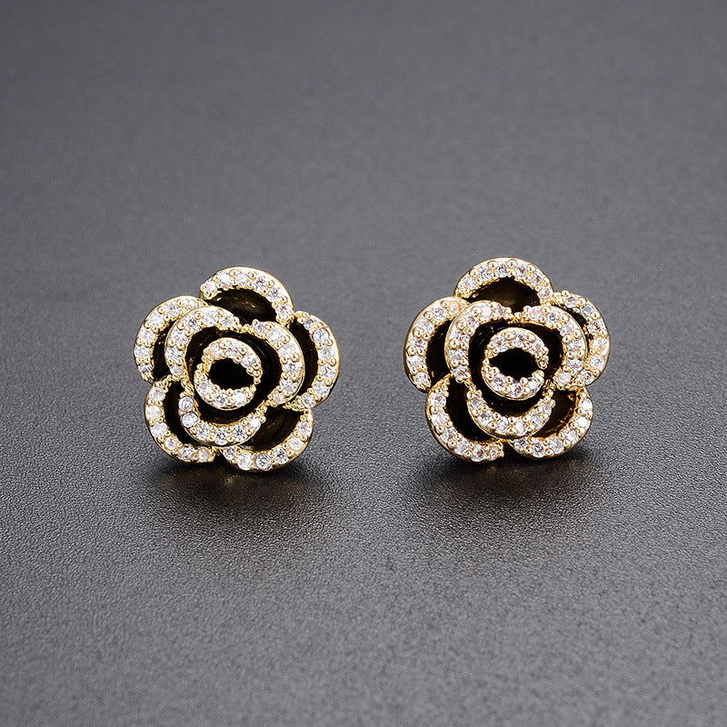 Retro Black Camellia Diamond Earrings – Light Luxury Simple Temperament Jewelry for Women