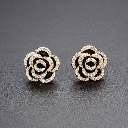 Retro Black Camellia Diamond Earrings – Light Luxury Simple Temperament Jewelry for Women