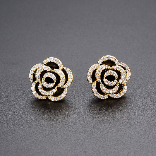 Retro Black Camellia Diamond Earrings – Light Luxury Simple Temperament Jewelry for Women