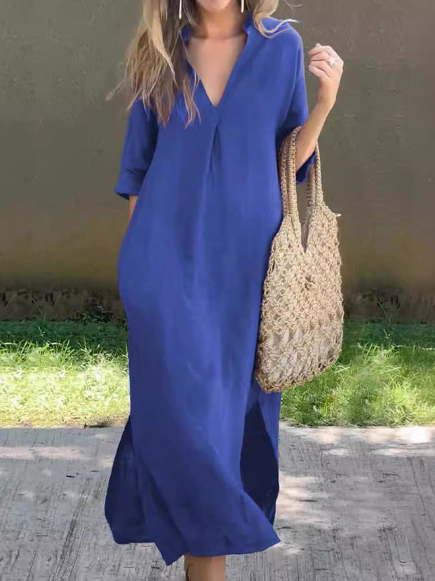 Full Size Notched Half Sleeve Midi Dress