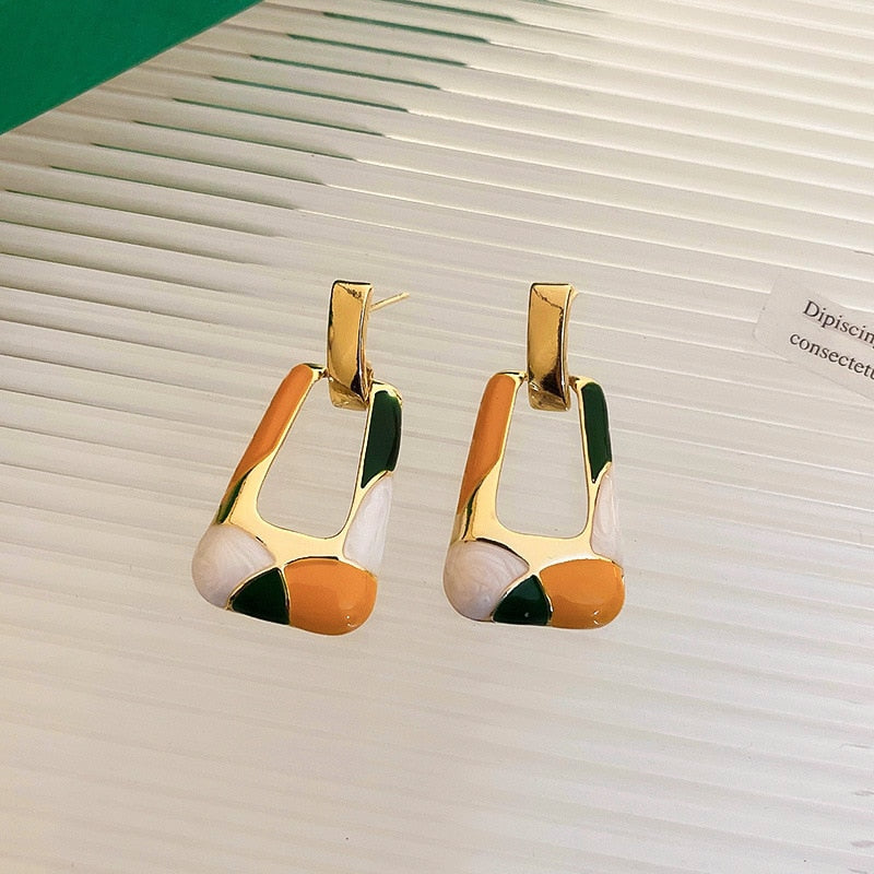 Minar Trapezoid Colorful Enamel Hollow Geometric Long Dangle Earrings