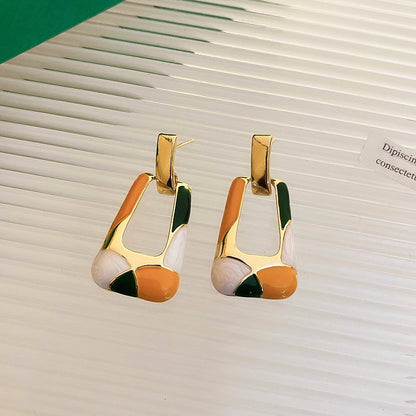 Minar Trapezoid Colorful Enamel Hollow Geometric Long Dangle Earrings