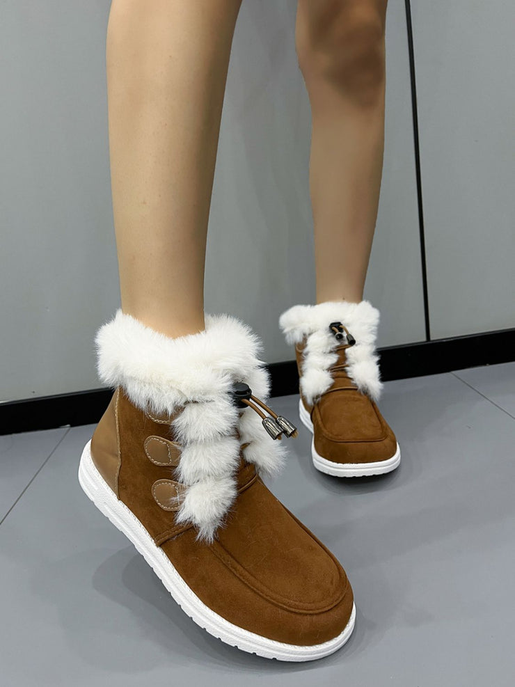 Plush Detail Suede Round Toe Boots