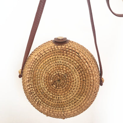 Round Rattan Leather Buckle Straw Crossbody & Shoulder Bag