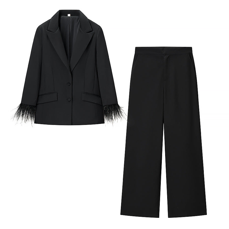 Feather decorative jacket+high waisted pants set