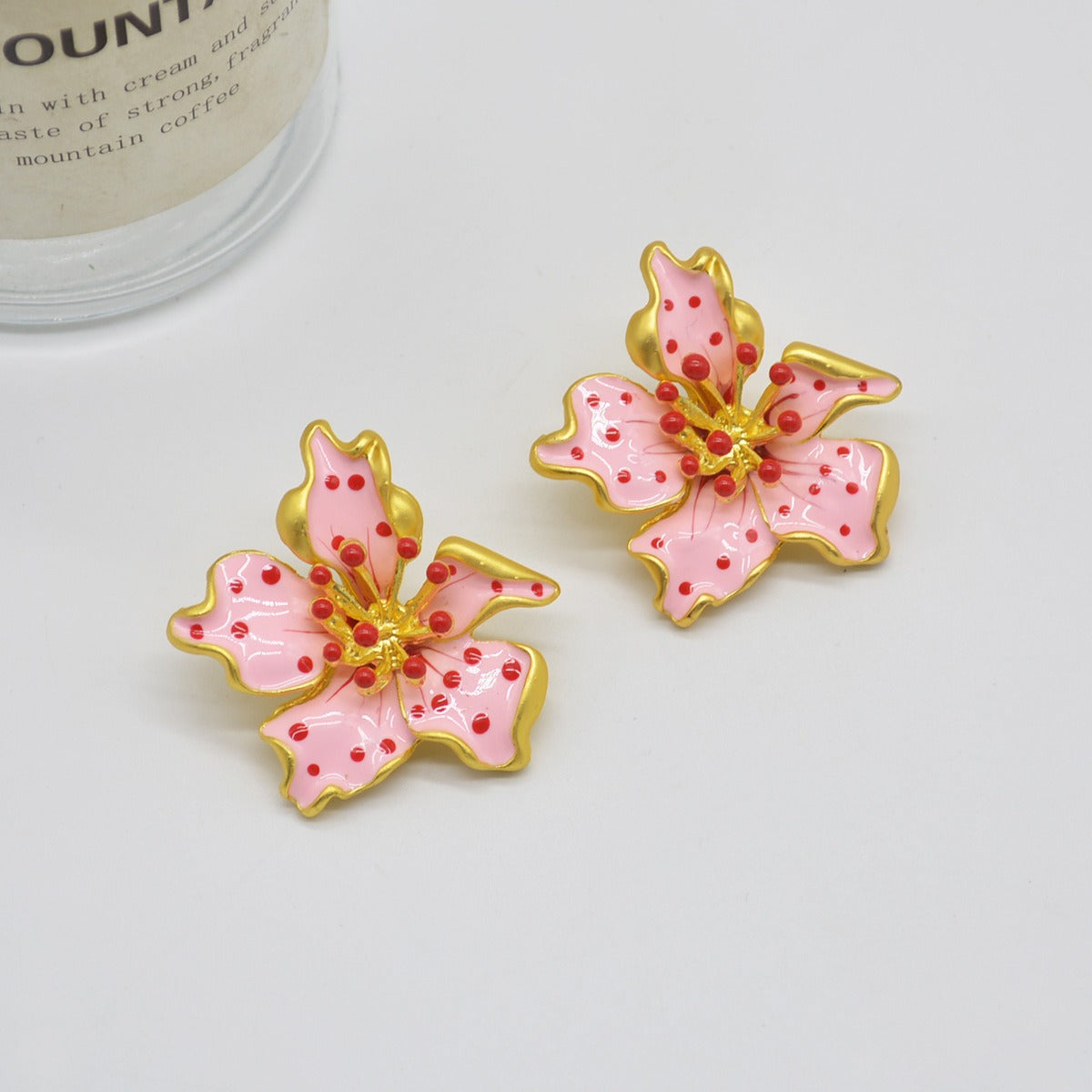 Enamel colored glaze pink flower earrings