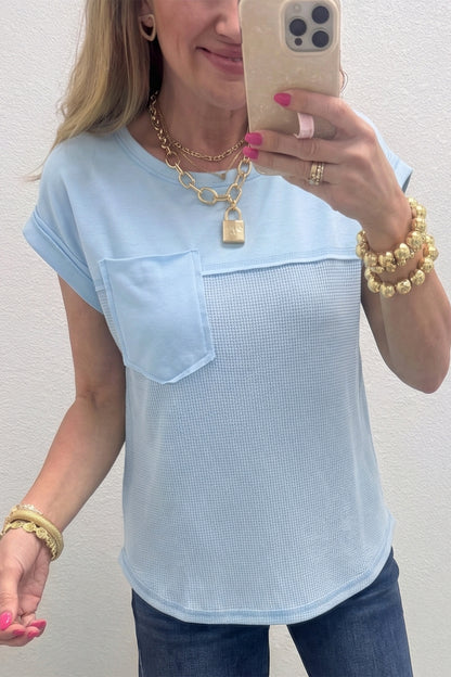 Pink Solid Color Raw Seam Waffled Patchwork Casual T Shirt