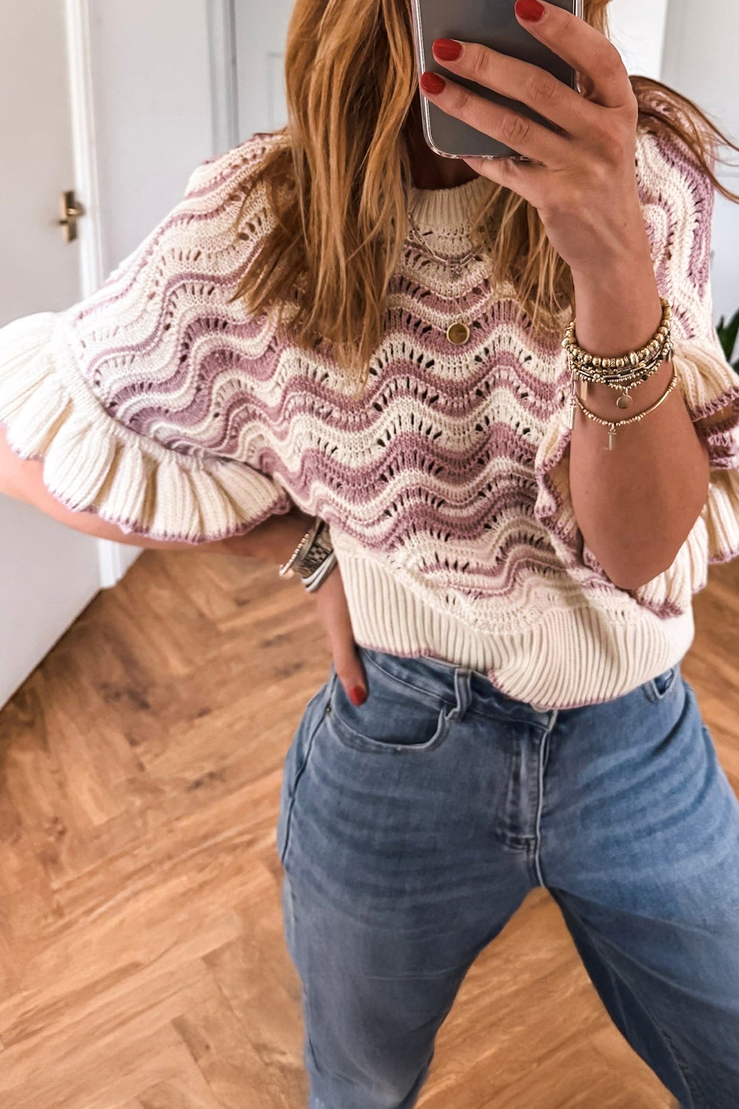 Black Stripe Wavy Crochet Eyelet Detail Ruffle Half Sleeve Sweater