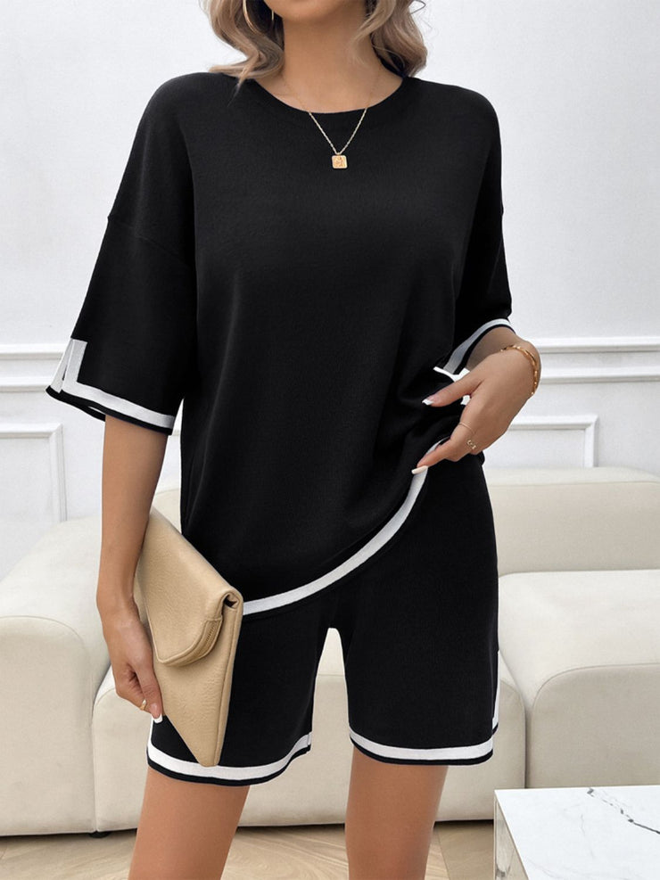 Devine Contrast Trim Round Neck Top and Shorts Set