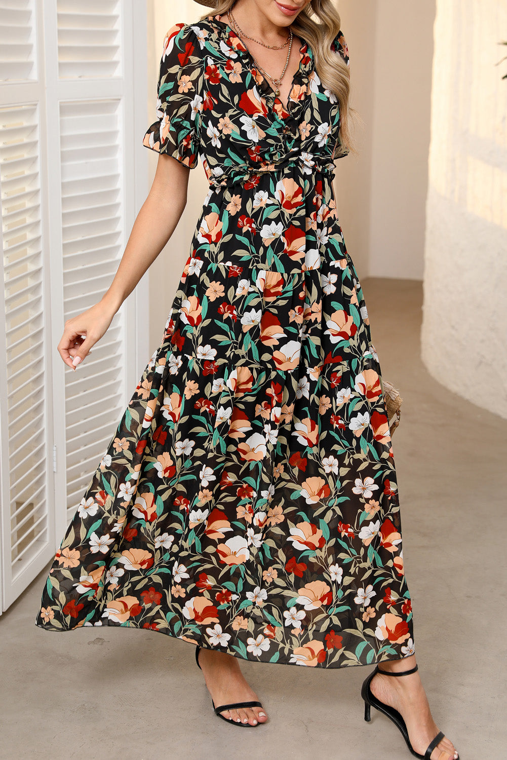 Sky Blue Fiery Floral Print Frilled V Neck Short Sleeve Maxi Dress