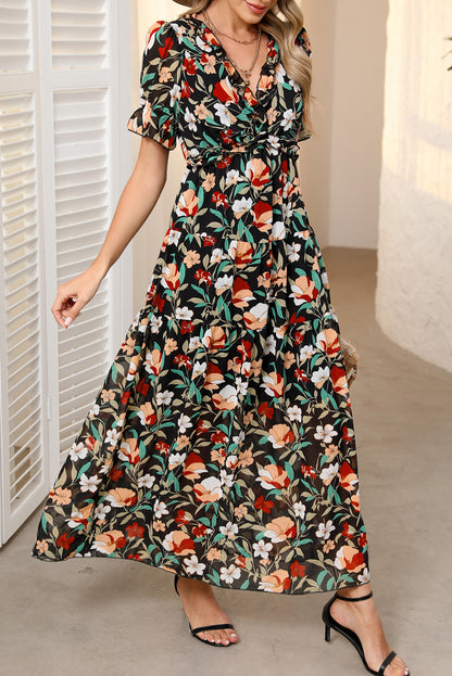 Sky Blue Fiery Floral Print Frilled V Neck Short Sleeve Maxi Dress