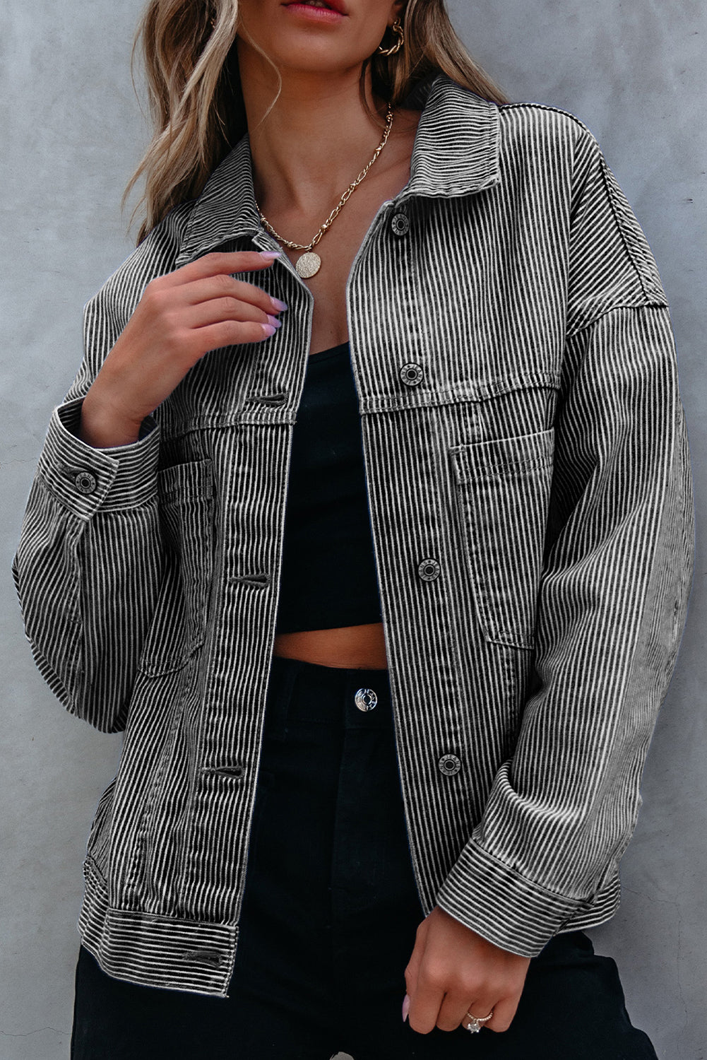 Black Washed Oversize Pocketed Denim Jacket