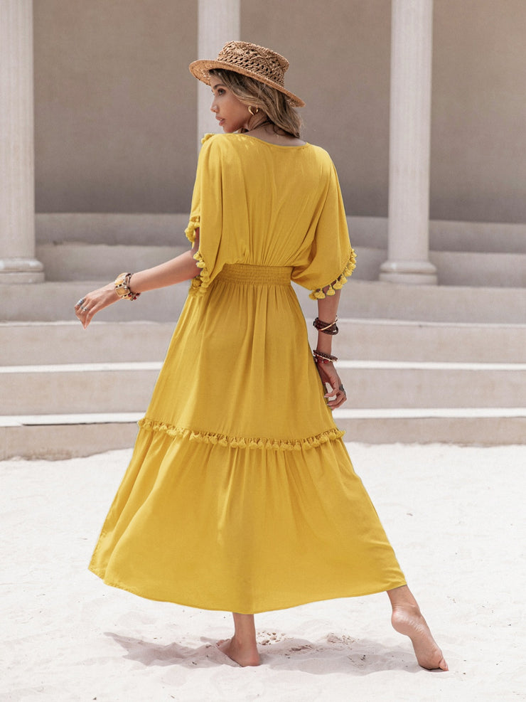 Tassel Trim Smocked V-Neck Short Sleeve Dress