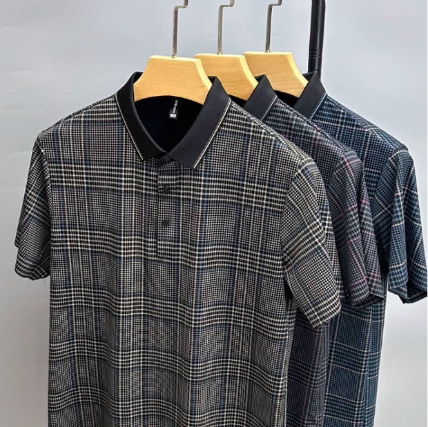 Men Traceless Collar Plaid Half Sleeve Polo Shirt