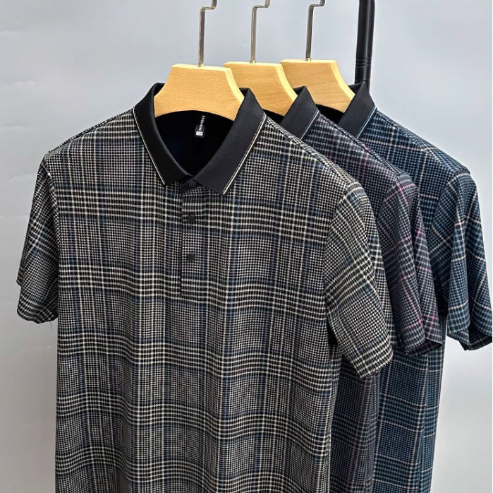 Men Traceless Collar Plaid Half Sleeve Polo Shirt