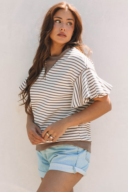 Sachet Pink Contrast Detail Striped Ruffle Short Sleeve Top