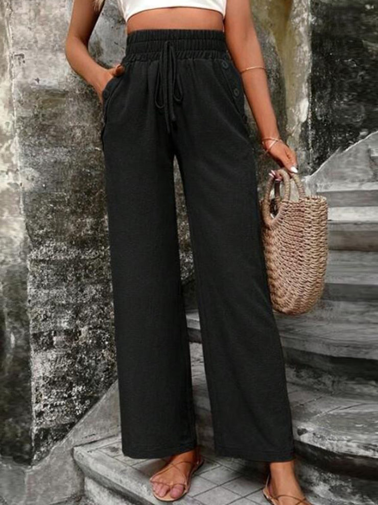 Tied High Waist Wide Leg Pants with Pockets